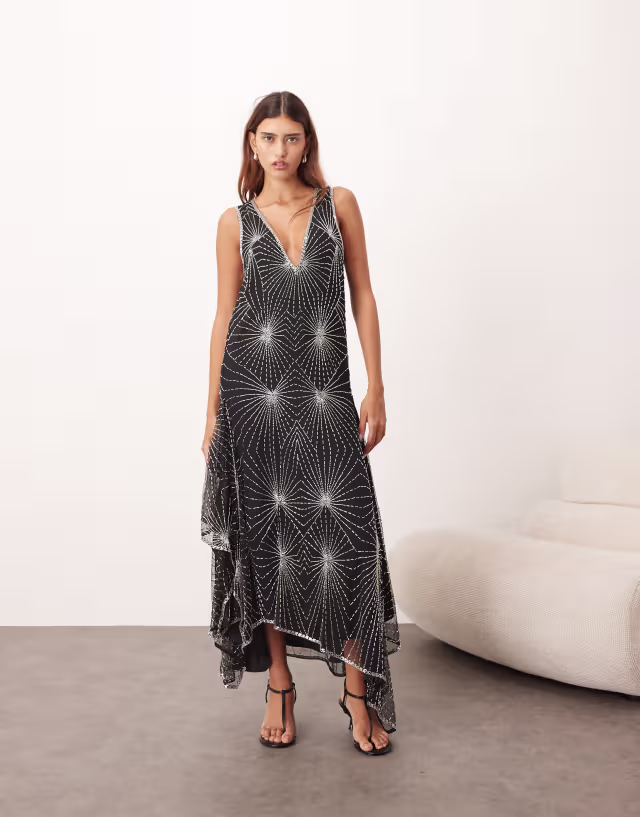 ARRANGE art deco linear embellished asymmetric midi dress