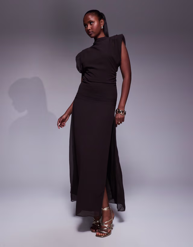 TFNC high neck maxi dress with shoulder pads in chocolate