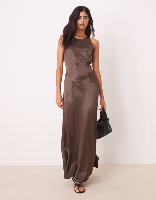 ASOS DESIGN racer satin maxi dress in chocolate