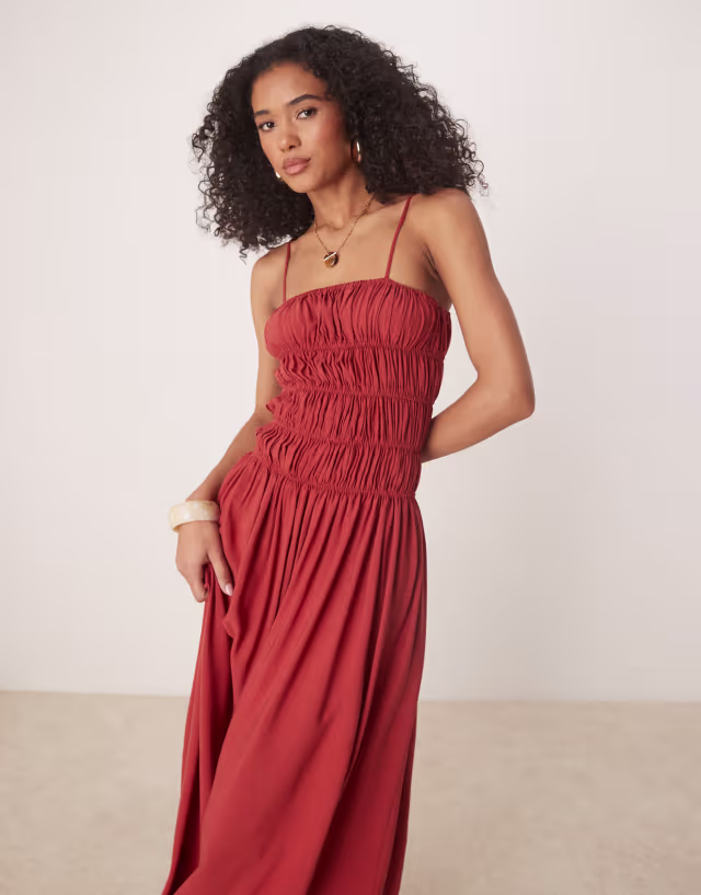 ASOS DESIGN linen blend shirred maxi dress in brick red