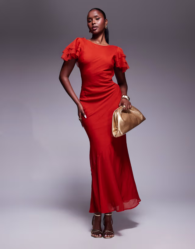 ASOS DESIGN ruffle sleeve high neck midaxi dress in red