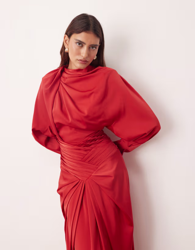 ARRANGE drape neck strong shoulders maxi dress with open back in red