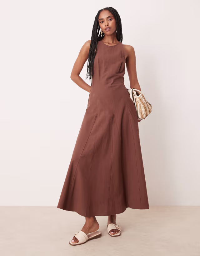 ASOS DESIGN scoop neck seamed midi dress in chocolate