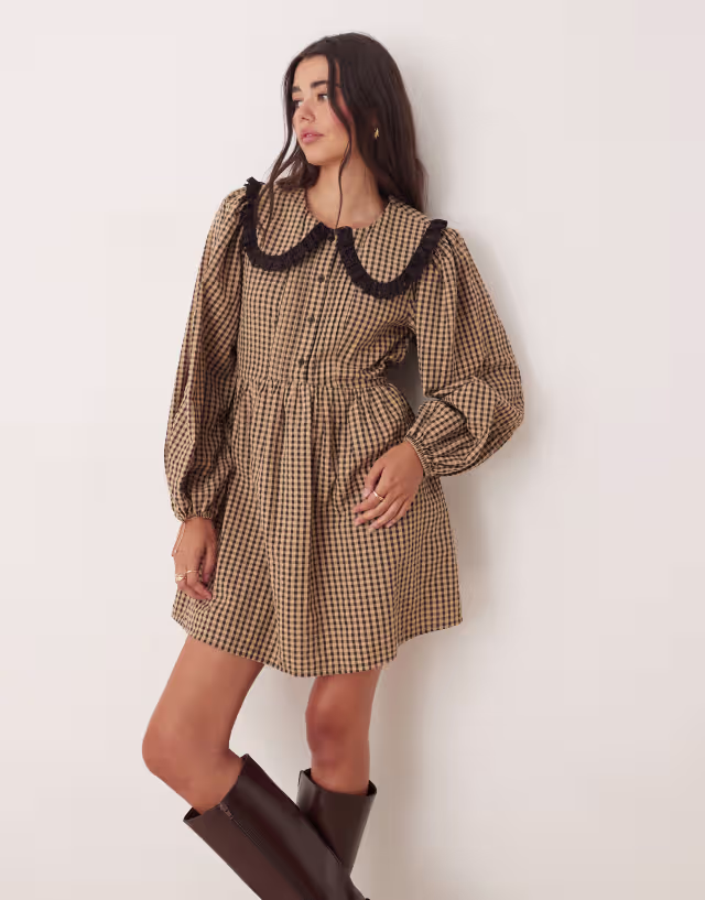Miss Selfridge long sleeve collared tea dress in check