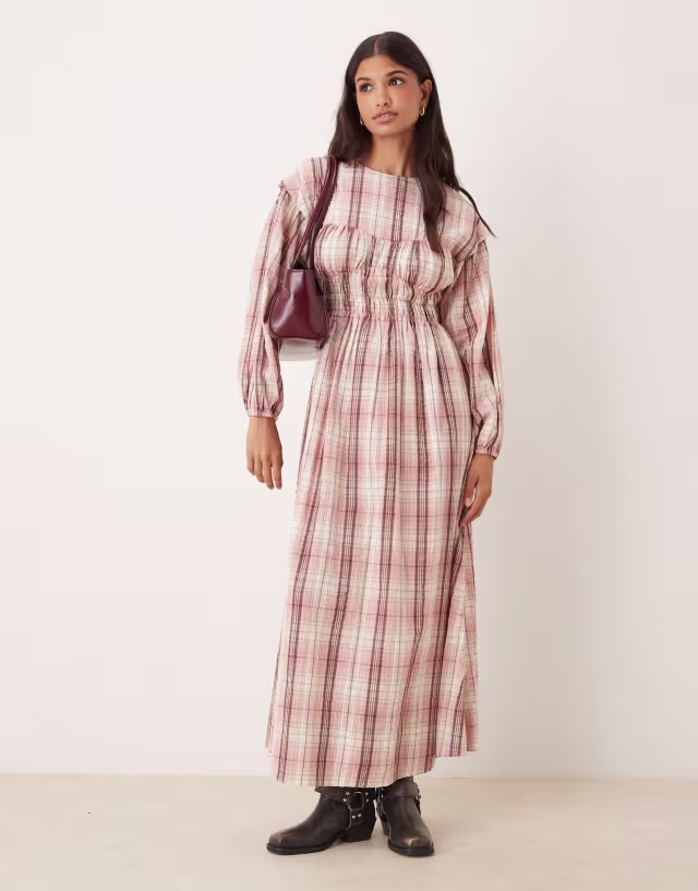 ASOS DESIGN crew neck maxi dress with bust detail and ruched bodice in dusty pink plaid
