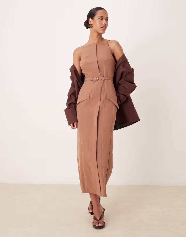 ASOS DESIGN slash neck belted midi dress with pockets in taupe