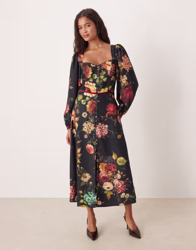 Hope & Ivy button front midi day dress with open back in teal floral