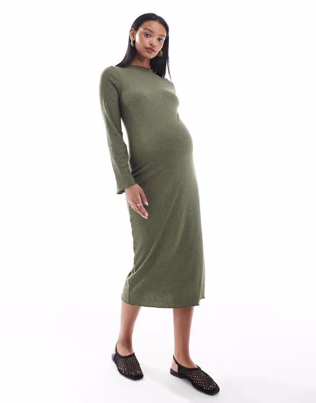 Mamalicious Maternity ribbed midi dress with lettuce edge detail in khaki