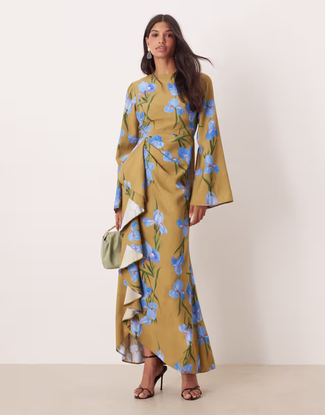ASOS DESIGN long sleeve maxi dress with ruffle skirt in oversized green floral print