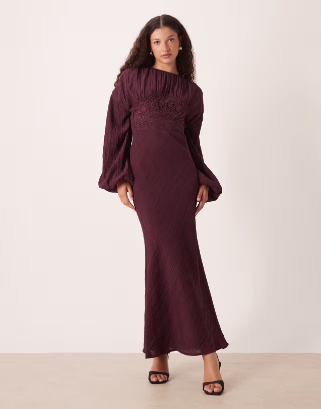 ASOS DESIGN crew neck maxi dress with volume sleeve and lace bust detail in mulberry