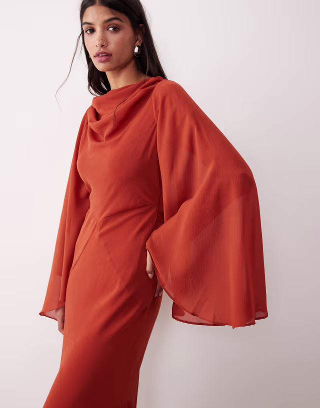 ASOS DESIGN drape back maxi dress with asymmetric sleeve in rust
