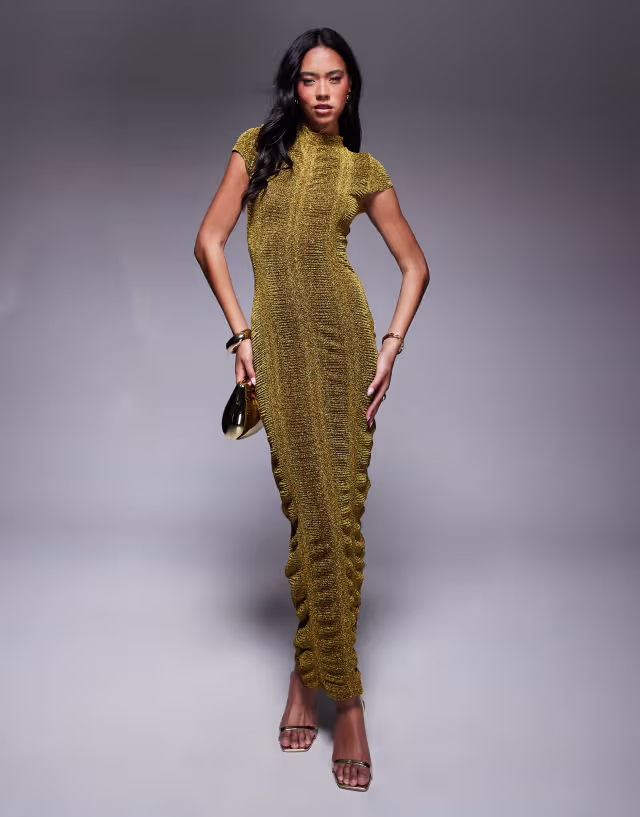ASOS DESIGN ribbed glitter cap sleeve midi bodycon dress in gold