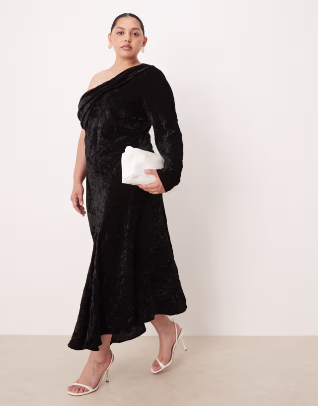 ASOS DESIGN Curve velvet asymmetric draped maxi dress in black