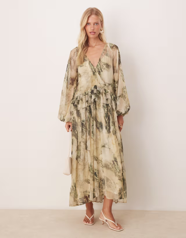 ASOS DESIGN v neck smock midi dress with ruffles in green abstract print