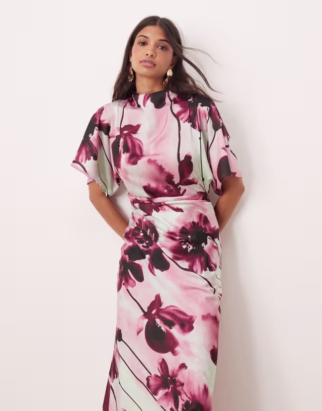ASOS DESIGN satin high neck blouson maxi dress with flutter sleeve in oversized pink floral print