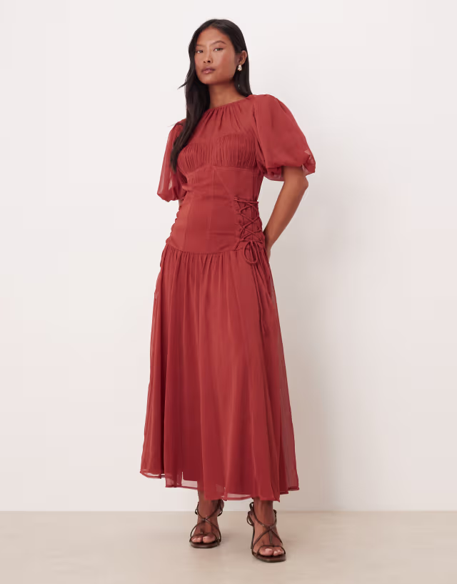 ASOS DESIGN Petite puff sleeve chiffon midaxi dress in deep rust
