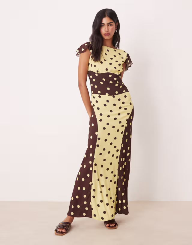 ASOS DESIGN boat neck angel sleeve maxi dress with sculpting detail in cream and chocolate polka dot color block