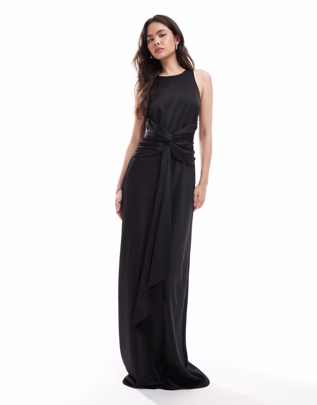 Six Stories Bridesmaid knot front drape satin maxi dress in black
