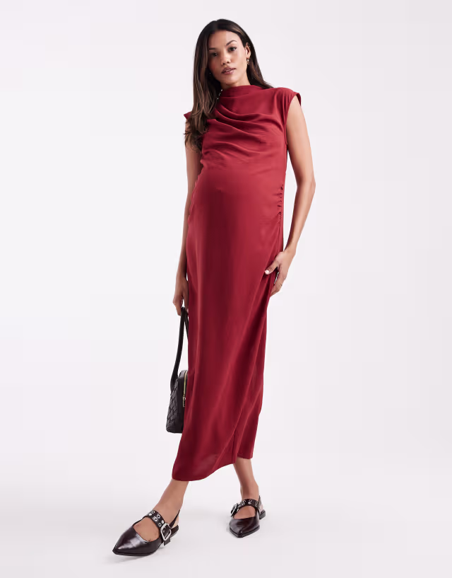 ASOS DESIGN Maternity high neck sleeveless midi dress with draped neck in rust