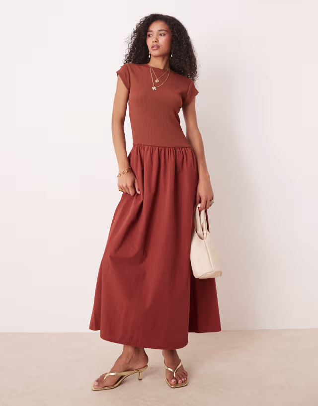 ASOS DESIGN textured and poplin mix dropped waist maxi dress in rust