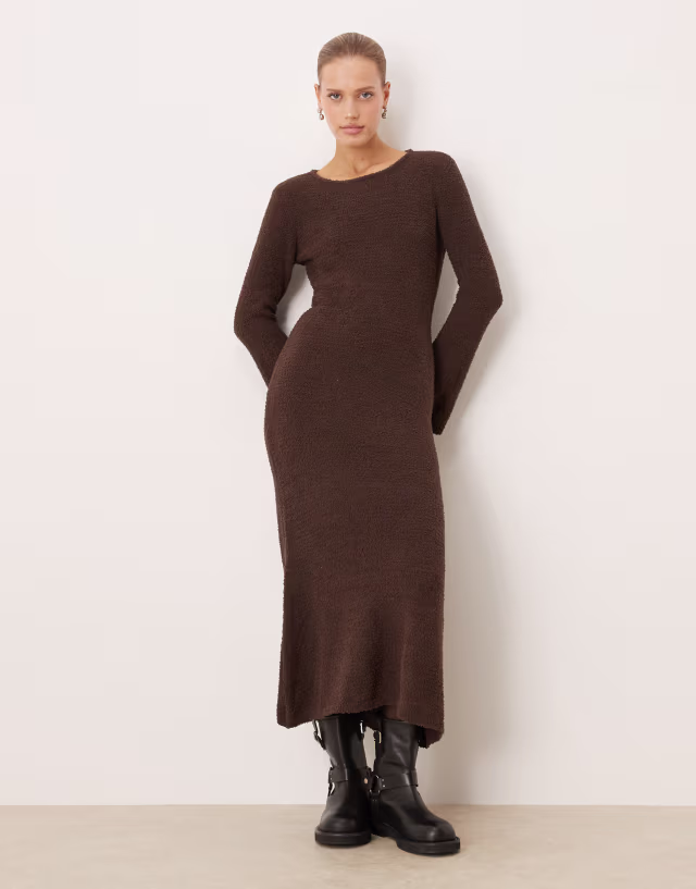VILA super soft fluffy maxi sweater dress in chocolate brown