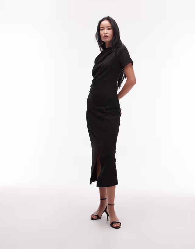 & Other Stories short sleeve drape twist midaxi dress with front slit in black