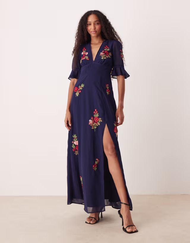 Hope & Ivy embroidered v-neck maxi dress with open back in navy