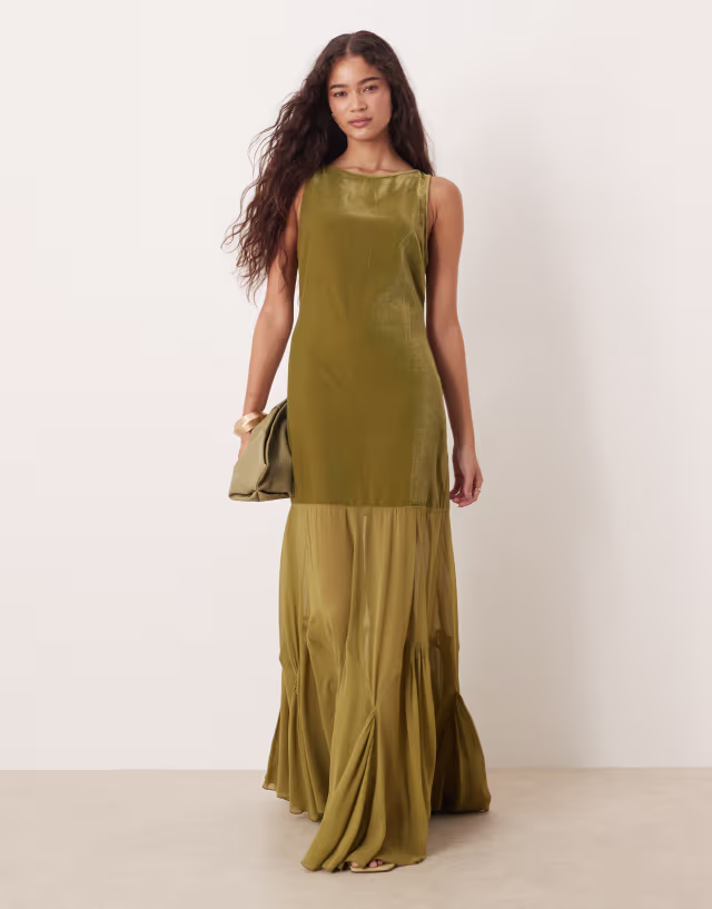ASOS DESIGN dropped waist velvet maxi dress with sheer godet skirt in olive