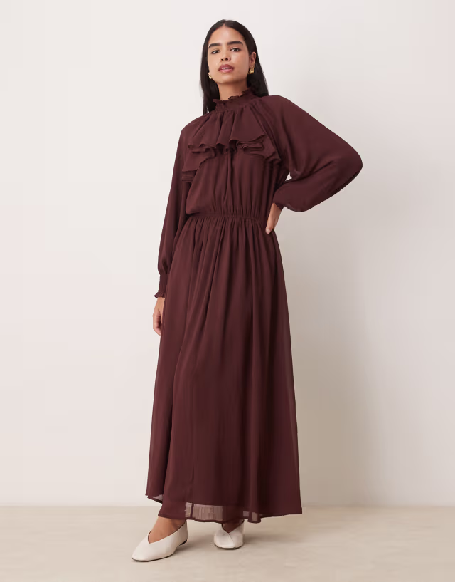 ASOS DESIGN high neck ruffle detail chiffon maxi dress in chocolate