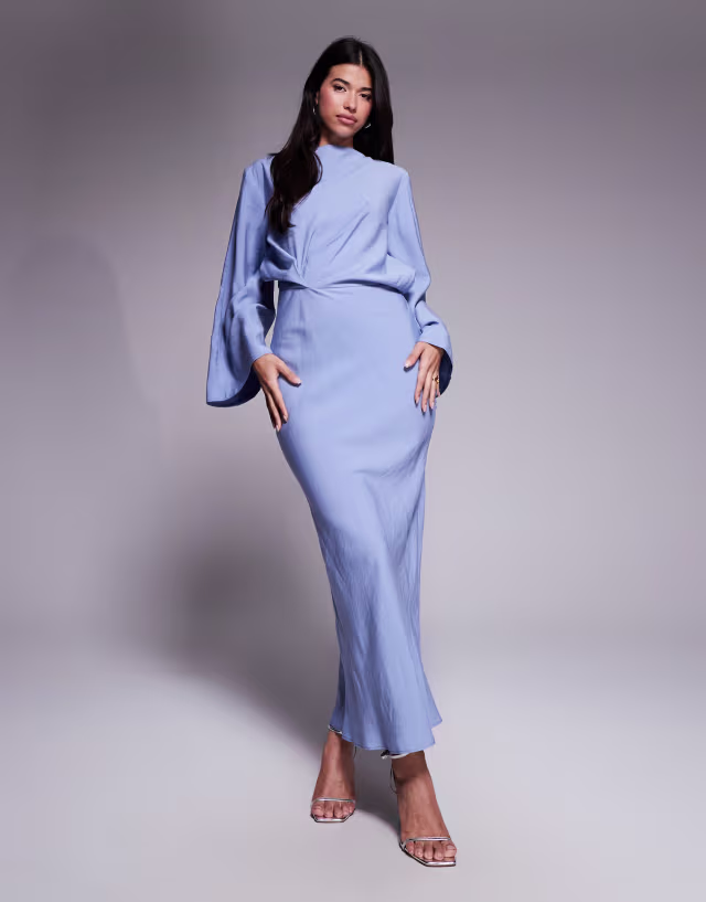 ASOS DESIGN long sleeve tucked waist bias maxi dress in blue