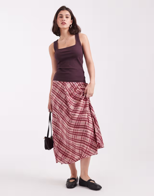 Vero Moda satin midi skirt in pink and burgundy plaid print
