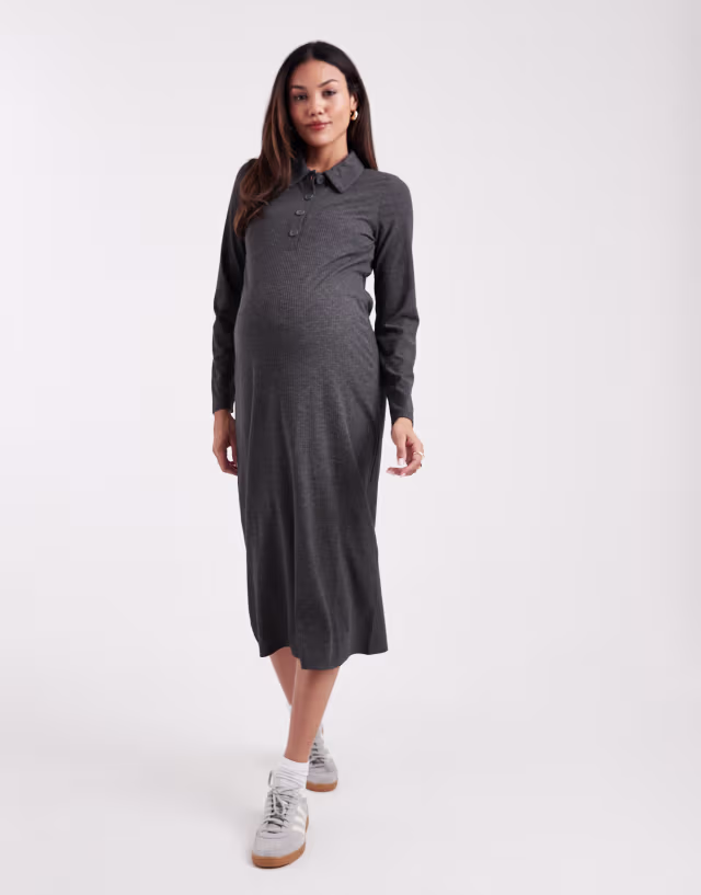 Mamalicious Maternity jersey rib knit nursing friendly polo detail midi dress in heather gray