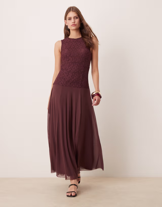 ASOS DESIGN sleeveless lace maxi dress with mesh skirt in chocolate