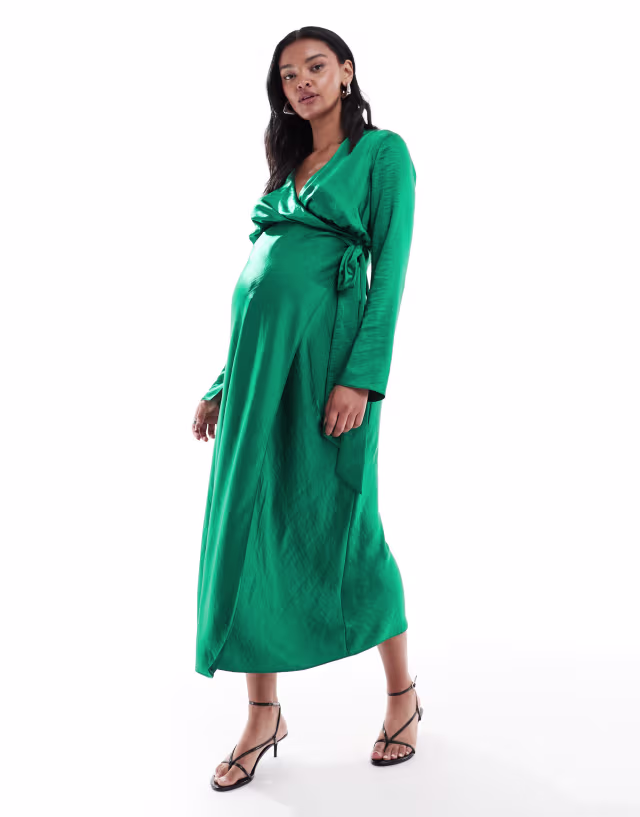 ASOS DESIGN Maternity satin long sleeve wrap detail midaxi dress in emerald green