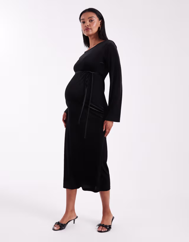 Mamalicious Maternity velvet bell sleeve midi dress in black