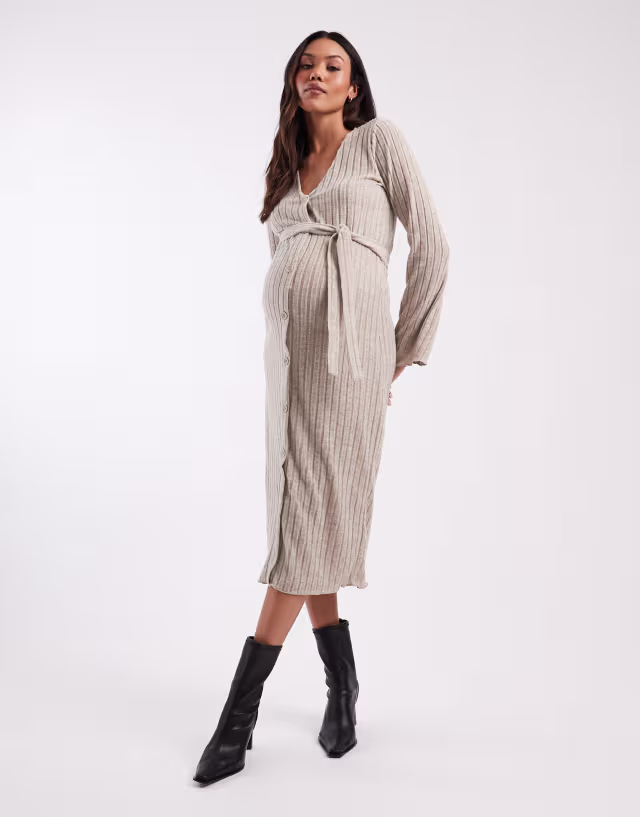 Mamalicious Maternity super soft rib knit tie waist midi dress in cream melange