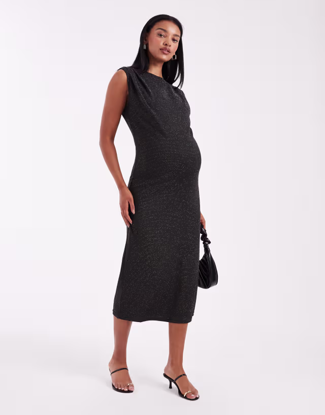 Mamalicious Maternity glitter slash neck sleeveless midi dress in black and silver