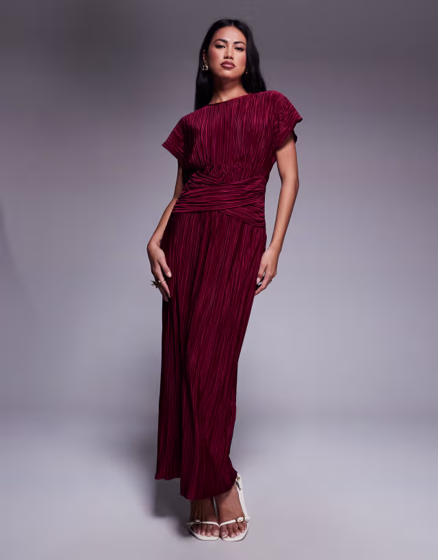 ASOS DESIGN twist front plisse sleeveless maxi dress in wine