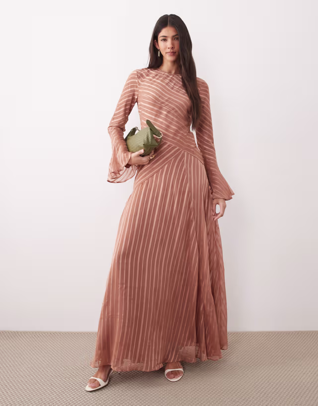 ASOS DESIGN flared sleeve maxi dress with hem in rust stripe