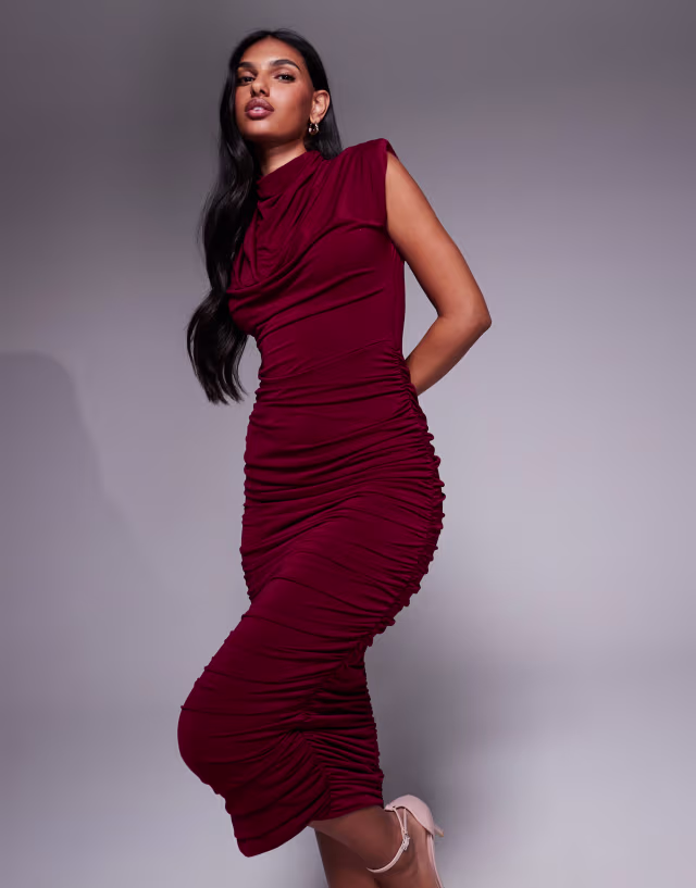 TFNC high neck padded shoulder midi dress in cherry
