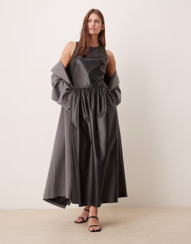 ASOS DESIGN leather look racer midi dress with full skirt in black