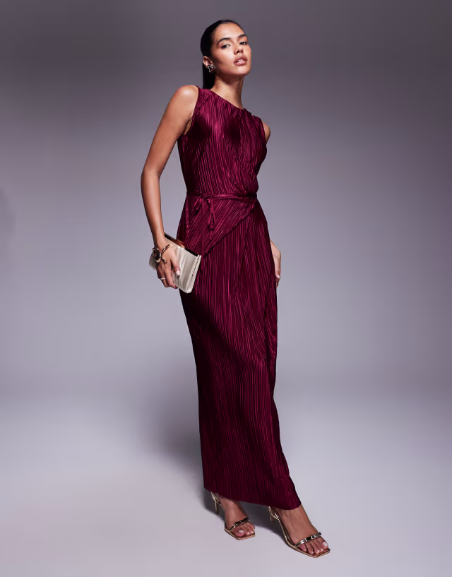 ASOS DESIGN plisse sleeveless wrap tie front maxi dress in wine