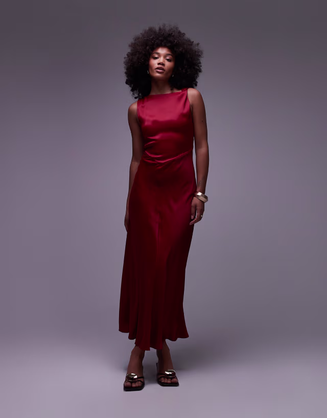 & Other Stories satin crepe midi dress with drape neck in red
