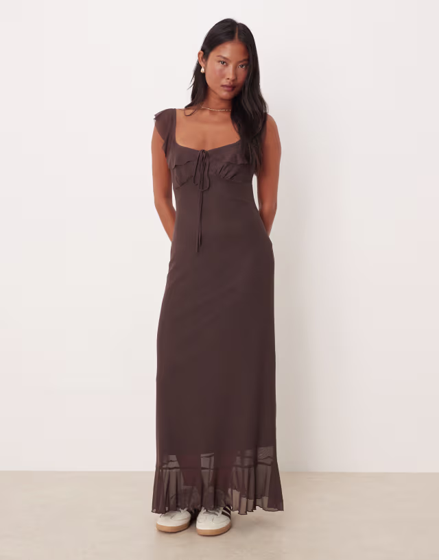 ASOS DESIGN Petite frill front and straps midi dress in brown