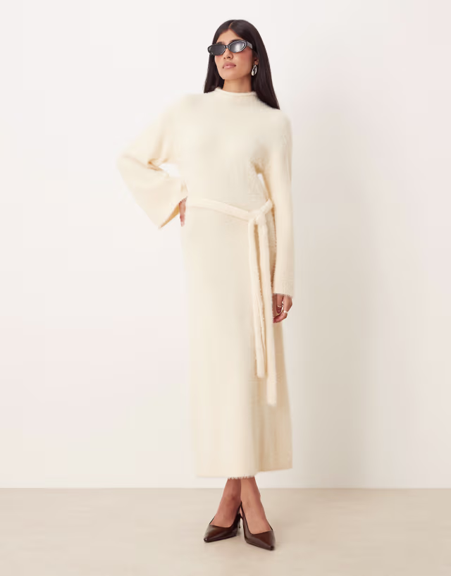 Pretty Lavish fluffy tie waist knit midaxi sweater dress in cream