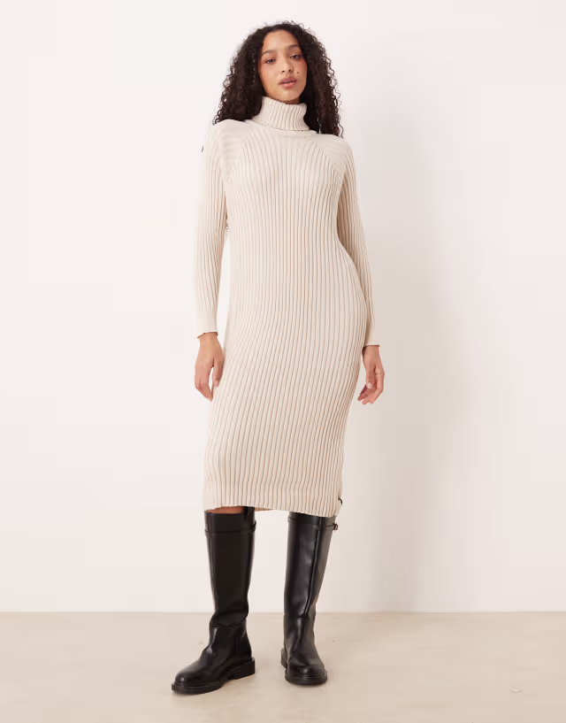 YAS premium turtle neck rib knit midi dress in cream