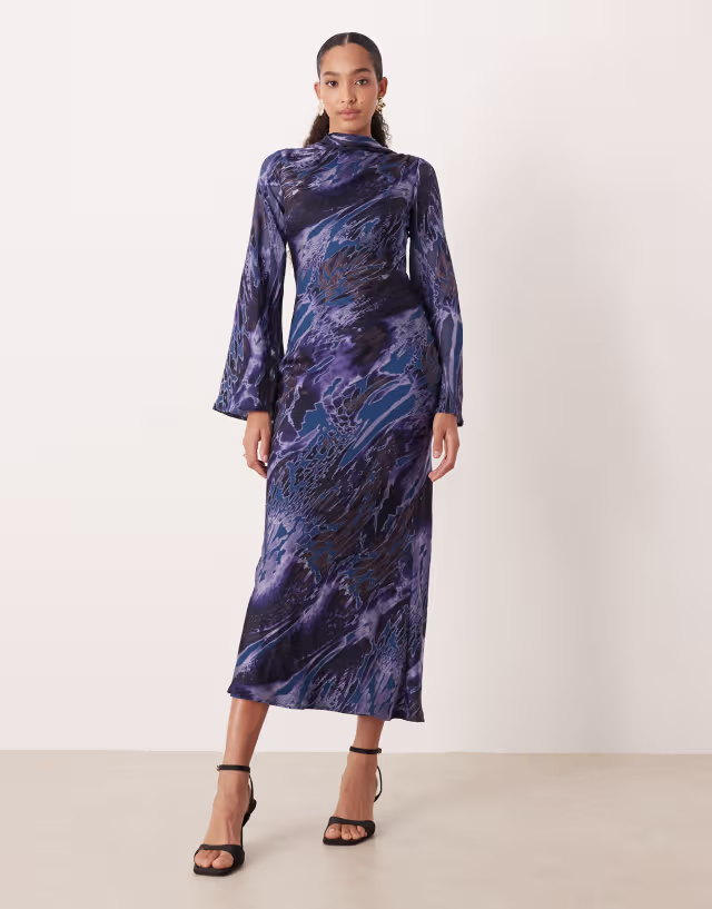 ASOS DESIGN maxi dress with scarf detail in black and blue abstract print