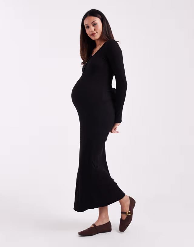 ASOS DESIGN Maternity ribbed scoop neck button midi dress with tie detail in black