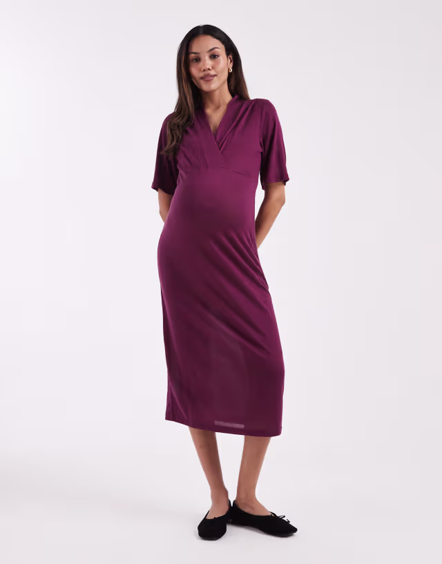 Mamalicious Maternity short sleeve wrap front jersey midi dress in burgundy