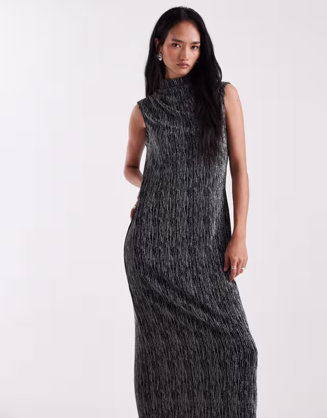 Vero Moda sleeveless slash neck glitter midi dress in black and silver